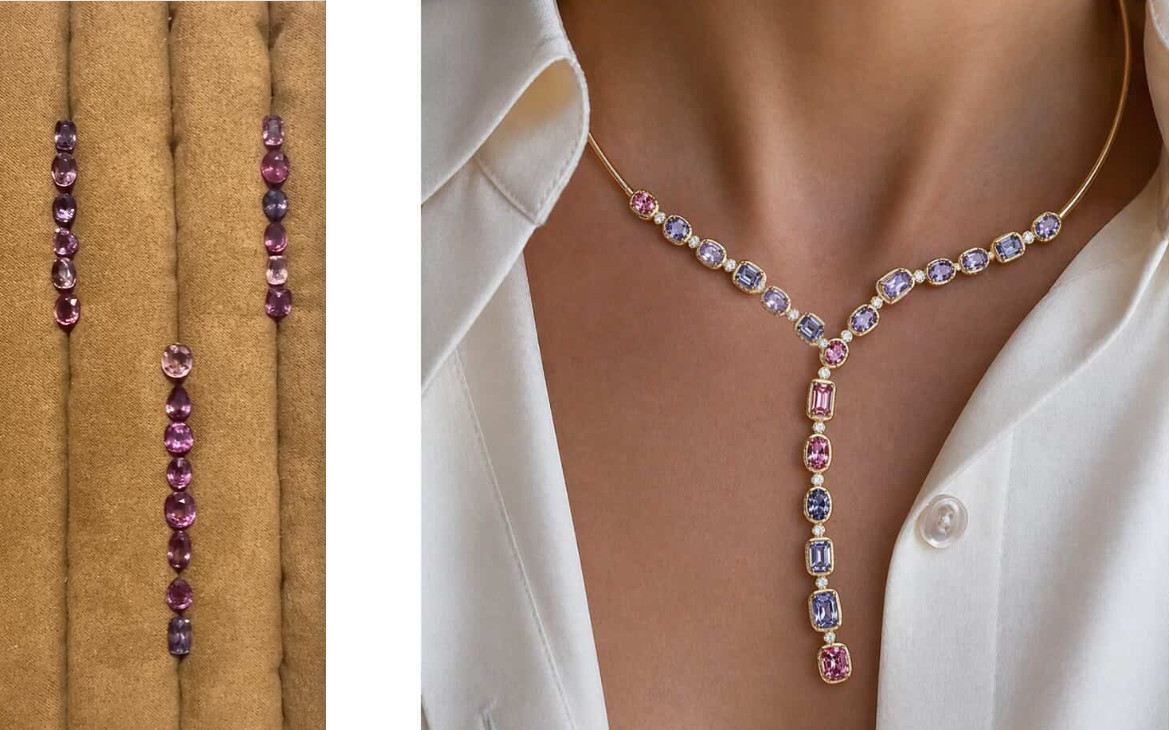 Miya-Custom S925 Silver Necklace (Gold-Plated), featuring a Moissanite stone set between every two gemstones — Total Necklace Length 55 cm for 27664,27459